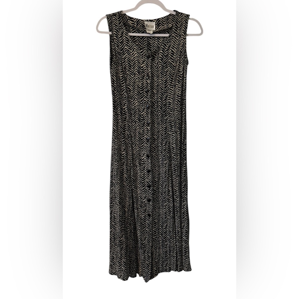Vintage Maren women’s 6 sleeveless button up black & gray calf length dress